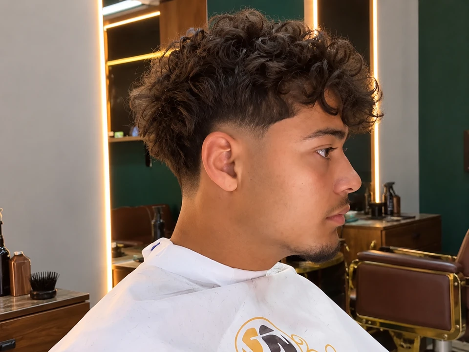 Corte de cabelo com topo cacheado, degradê lateral e acabamento junto à orelha.